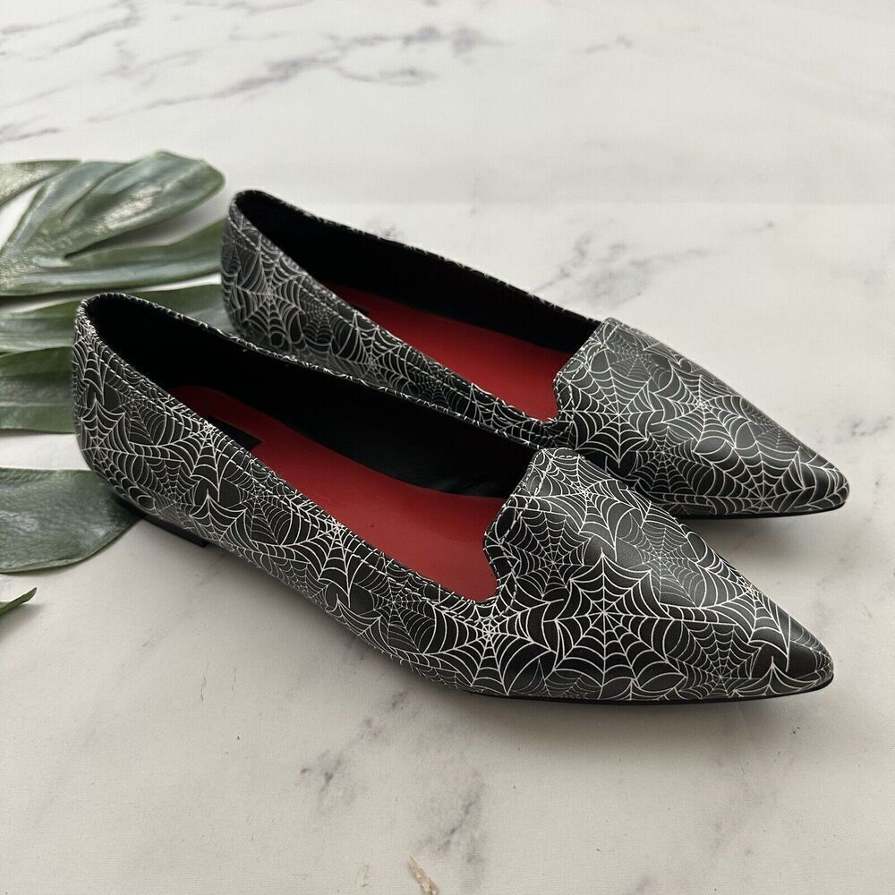 Strange Cult Womens Dagger Spider Web Loafer Flats Size 10 Black White Point Toe